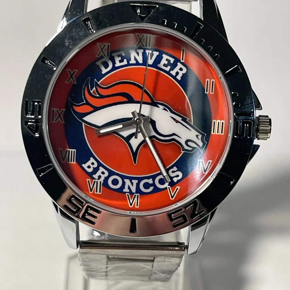 DENVER BRONCOS NFL Team Logo Men's Stainless-Steel Silver Watch NEW